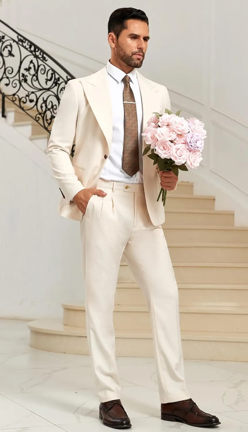 Mens Formal Suits 2 Piece Solid Suit Jacket Pants Set Slim Fit Peak Lapel Blazer Tuxedo Suits for Men Wedding Prom Suit