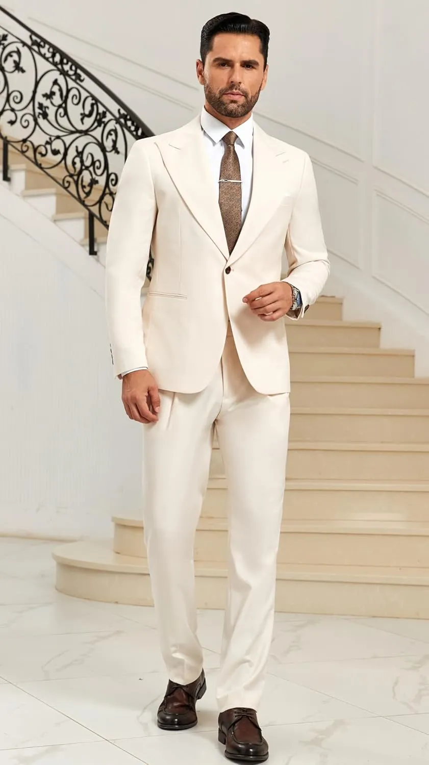 Mens Formal Suits 2 Piece Solid Suit Jacket Pants Set Slim Fit Peak Lapel Blazer Tuxedo Suits for Men Wedding Prom Suit