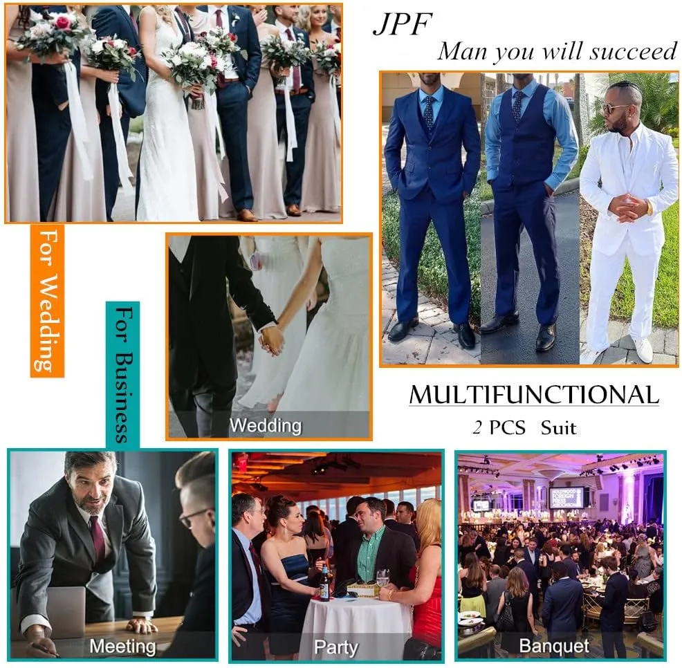 Mens Formal Suits 2 Piece Solid Suit Jacket Pants Set Slim Fit Peak Lapel Blazer Tuxedo Suits for Men Wedding Prom Suit