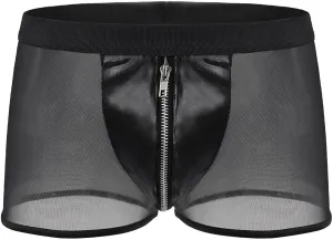 Men's Front Zipper Mesh Trunks with Faux Leather Low Waisted See Through Bulge Pouch Boxer Briefs Breathable Underwear Shorts