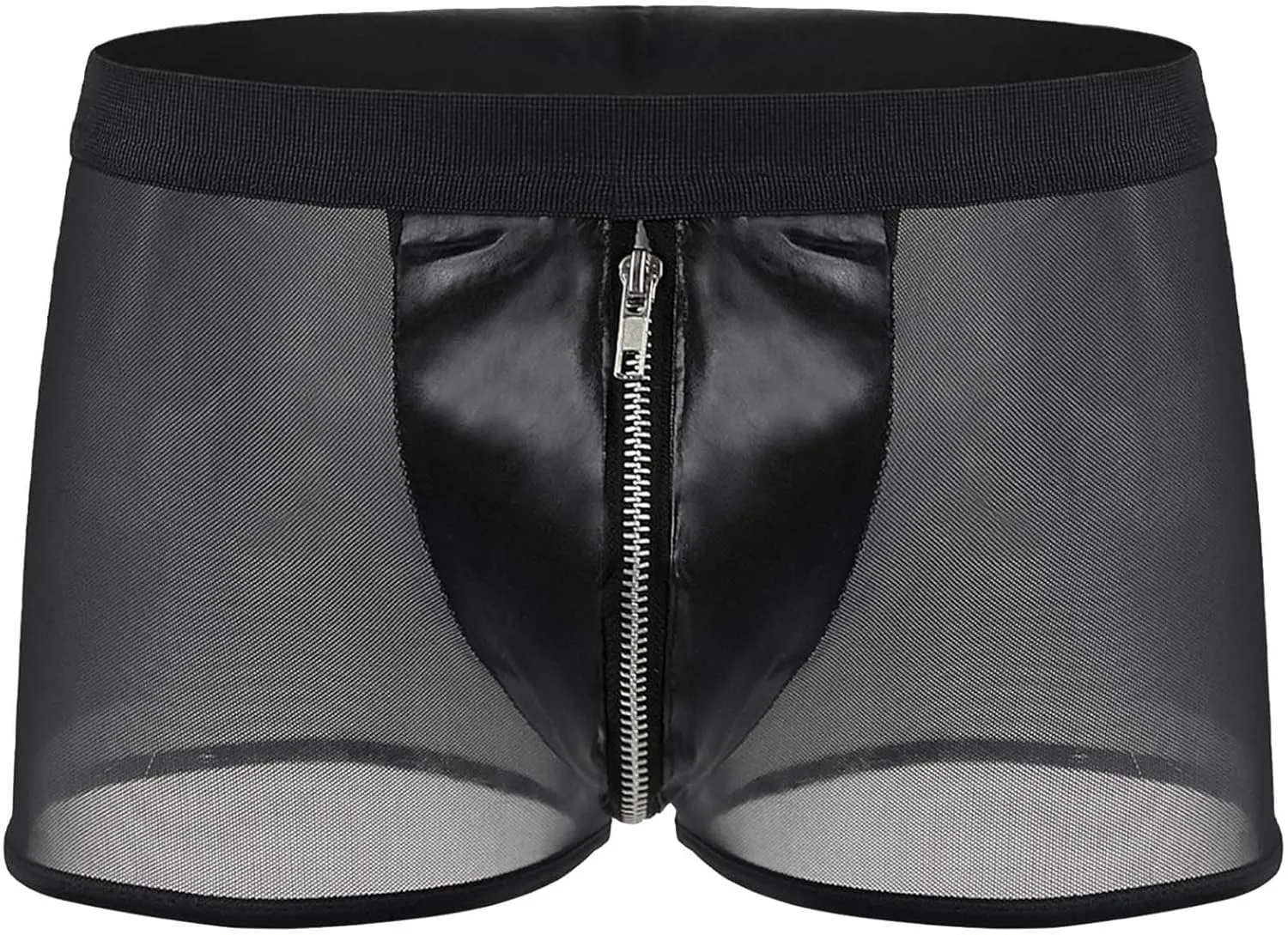 Men's Front Zipper Mesh Trunks with Faux Leather Low Waisted See Through Bulge Pouch Boxer Briefs Breathable Underwear Shorts