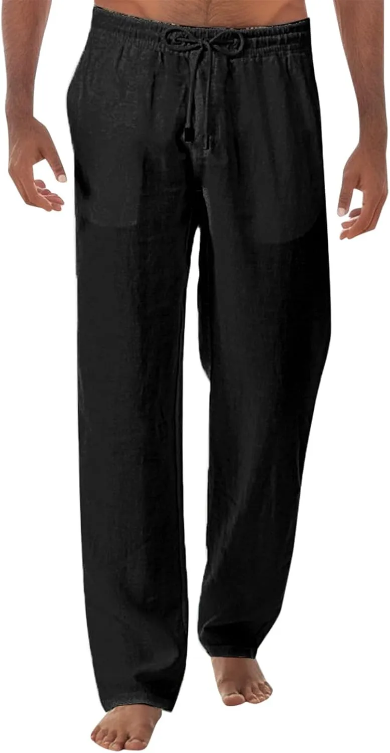 Mens Linen Pants Loose Fit Lightweight Sweatpants Casual Wide Leg Breathable Drawstring Waist Summer Beach Trousers