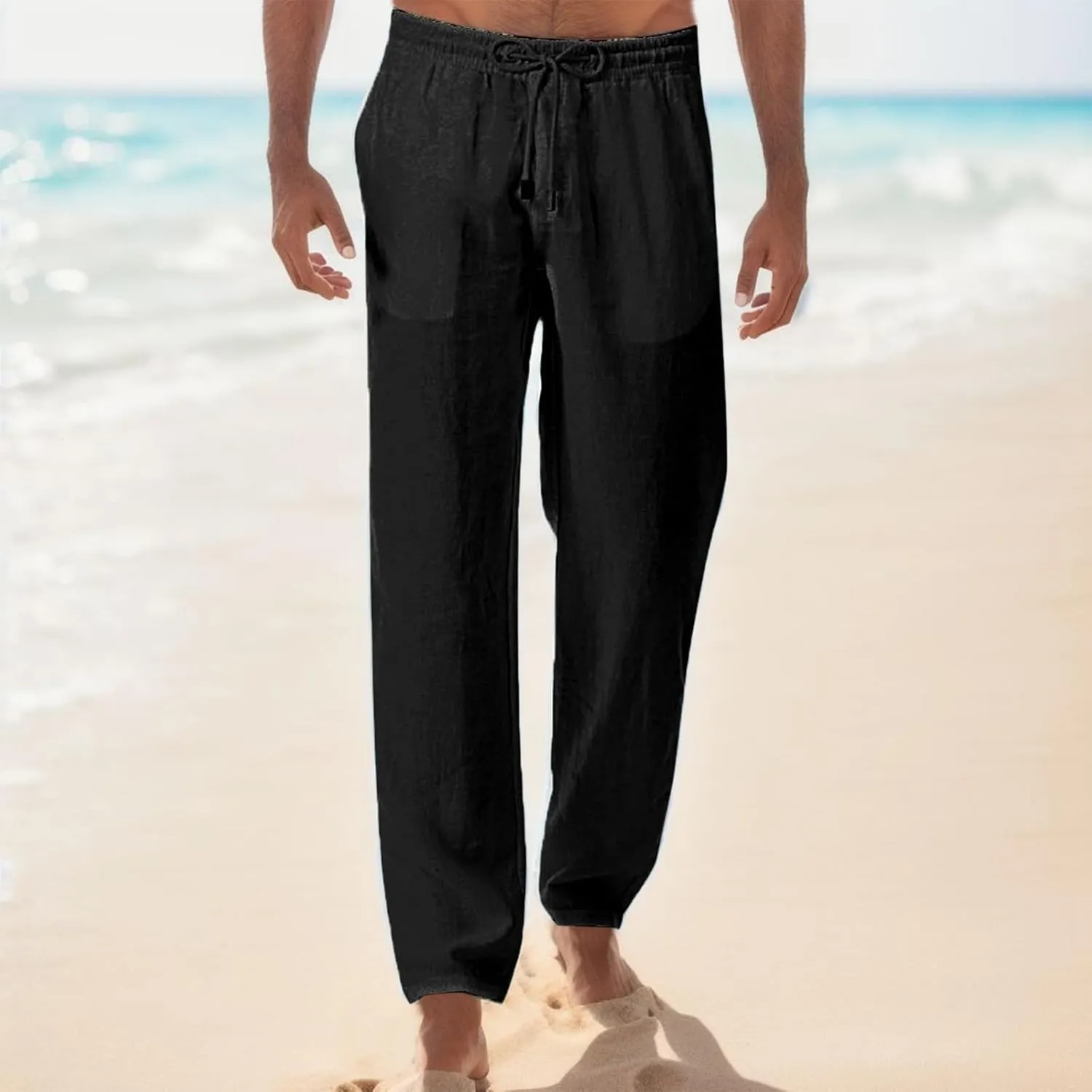 Mens Linen Pants Loose Fit Lightweight Sweatpants Casual Wide Leg Breathable Drawstring Waist Summer Beach Trousers