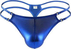 Men's Low Waist U Convex Panties Thongs Faux Leather Lingerie G-String Backless T-Back Breathable Briefs Underwear (Blue,Large)