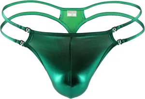 Men's Low Waist U Convex Panties Thongs Faux Leather Lingerie G-String Backless T-Back Breathable Briefs Underwear (Green,Small)