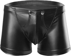 Men's Sexy Patent Leather Boxer Briefs Low Rise Pouch Trunks Underwear Metallic Shiny Breathable Underpants Tongs (Black,X-Large)