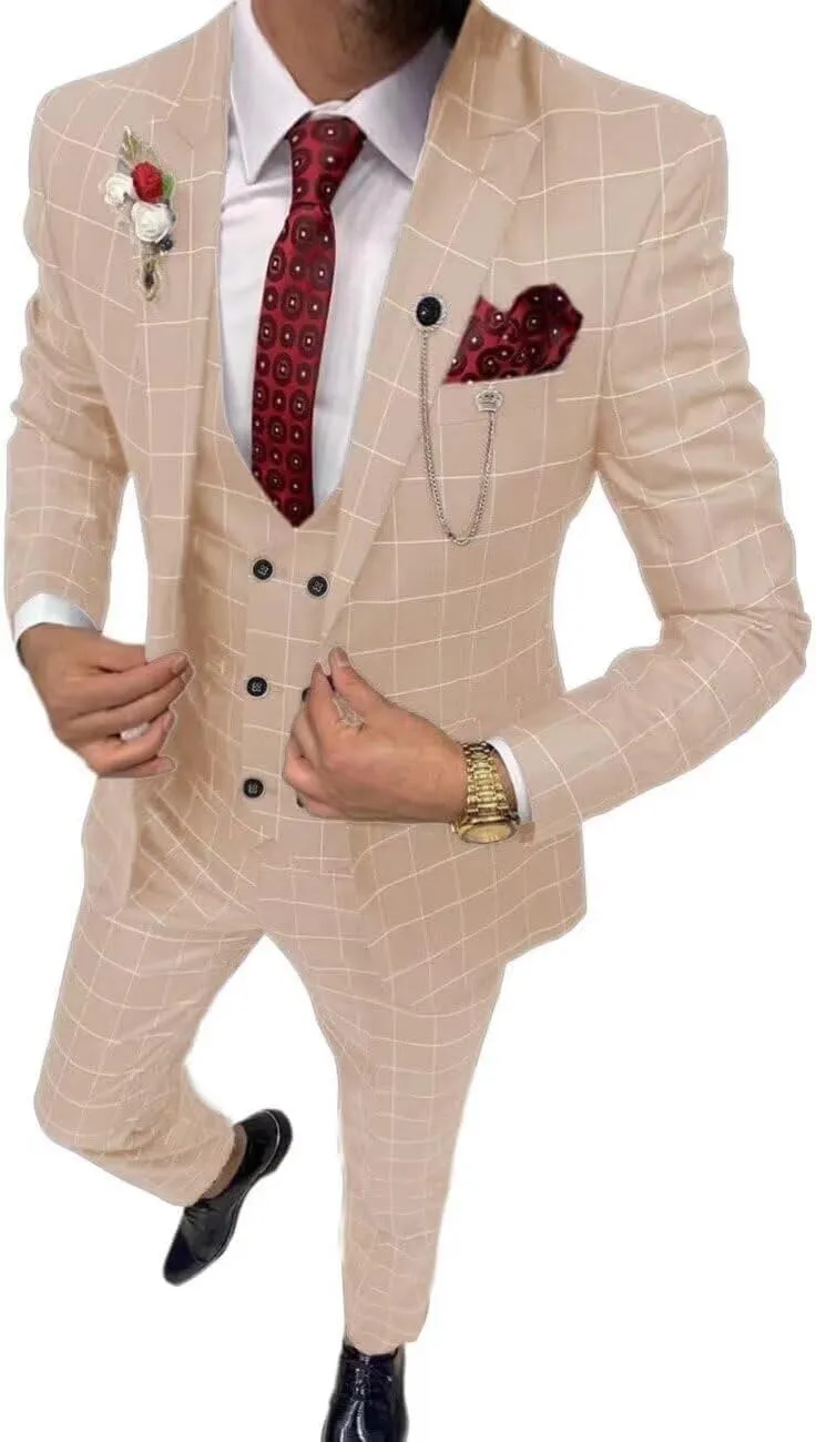 Men's Suit Slim Fit 3 Piece Plaid Suits for Men Checked Tuxedo Suit Men Formal Plaid Blazer Vest Pants Set