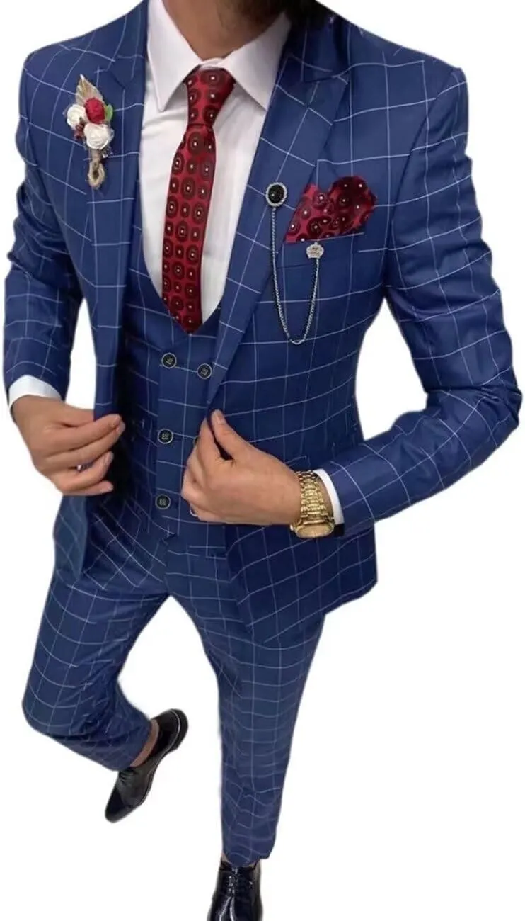 Men's Suit Slim Fit 3 Piece Plaid Suits for Men Checked Tuxedo Suit Men Formal Plaid Blazer Vest Pants Set