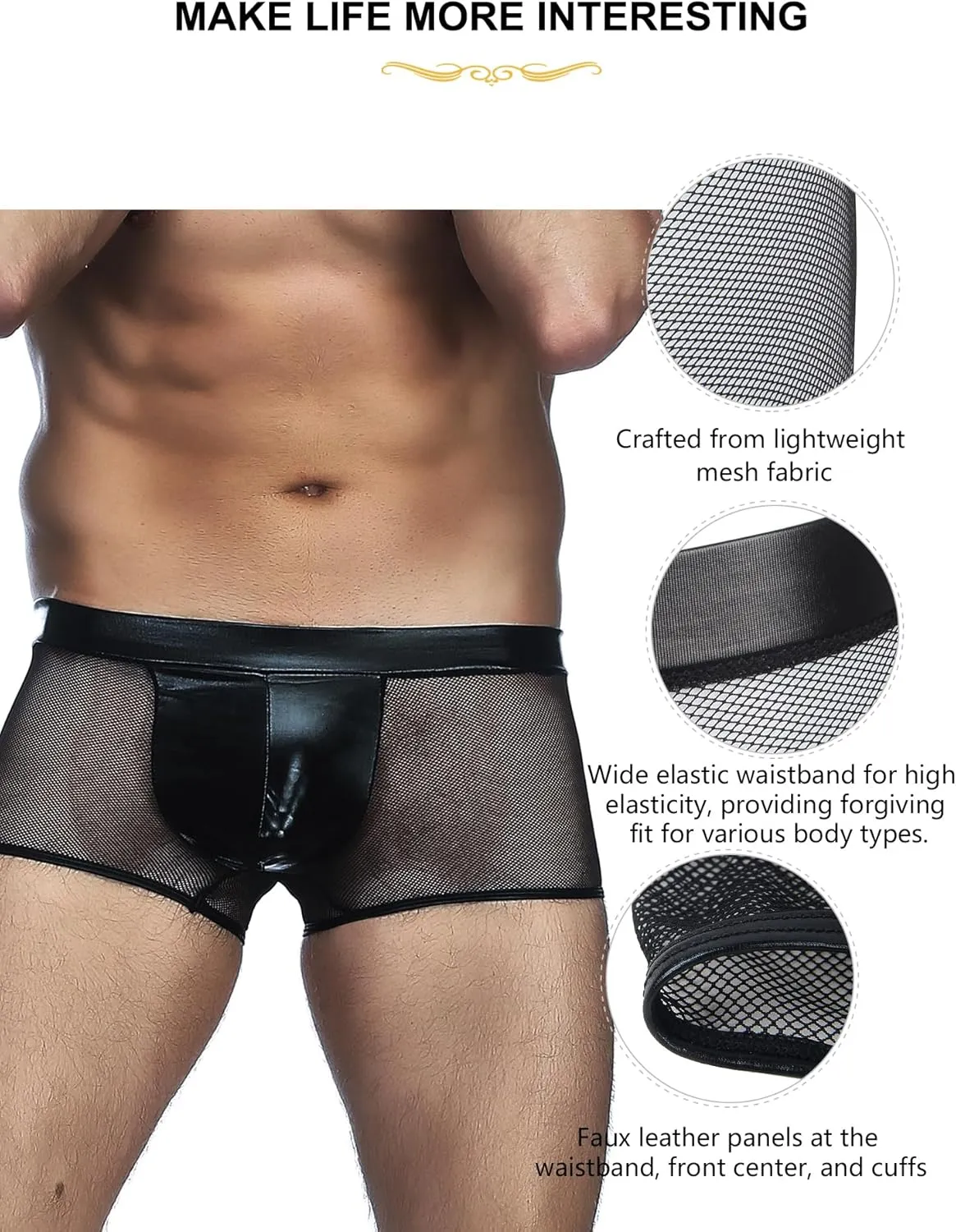 Mens Underwear Breathable See Through Boxer Briefs with Faux Leather Pouch Plus Size Sexy Mesh Trunks XS-2XL