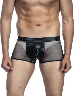 Mens Underwear Breathable See Through Boxer Briefs with Faux Leather Pouch Plus Size Sexy Mesh Trunks XS-2XL