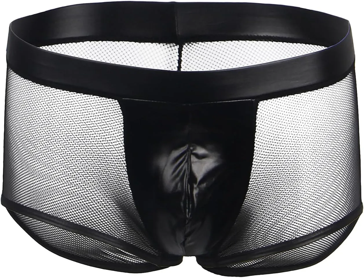 Mens Underwear Breathable See Through Boxer Briefs with Faux Leather Pouch Plus Size Sexy Mesh Trunks XS-2XL