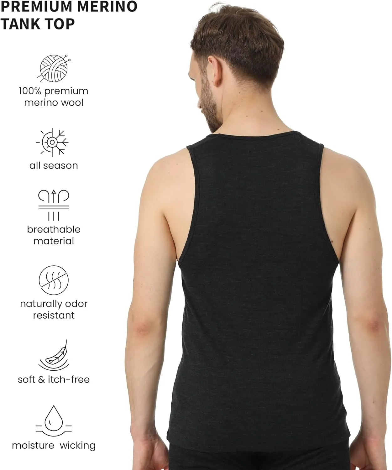Merino Wool Tank Top Men - Active Merino Wool Undershirt Moisture Wicking Breathable Anti-Odor Lightweight Base Layer