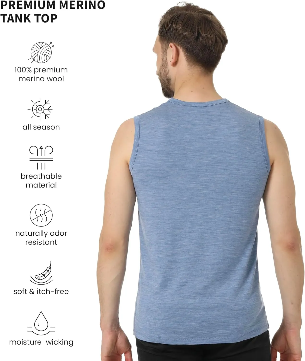 Merino Wool Tank Top Men - Active Merino Wool Undershirt Moisture Wicking Breathable Anti-Odor Lightweight Base Layer