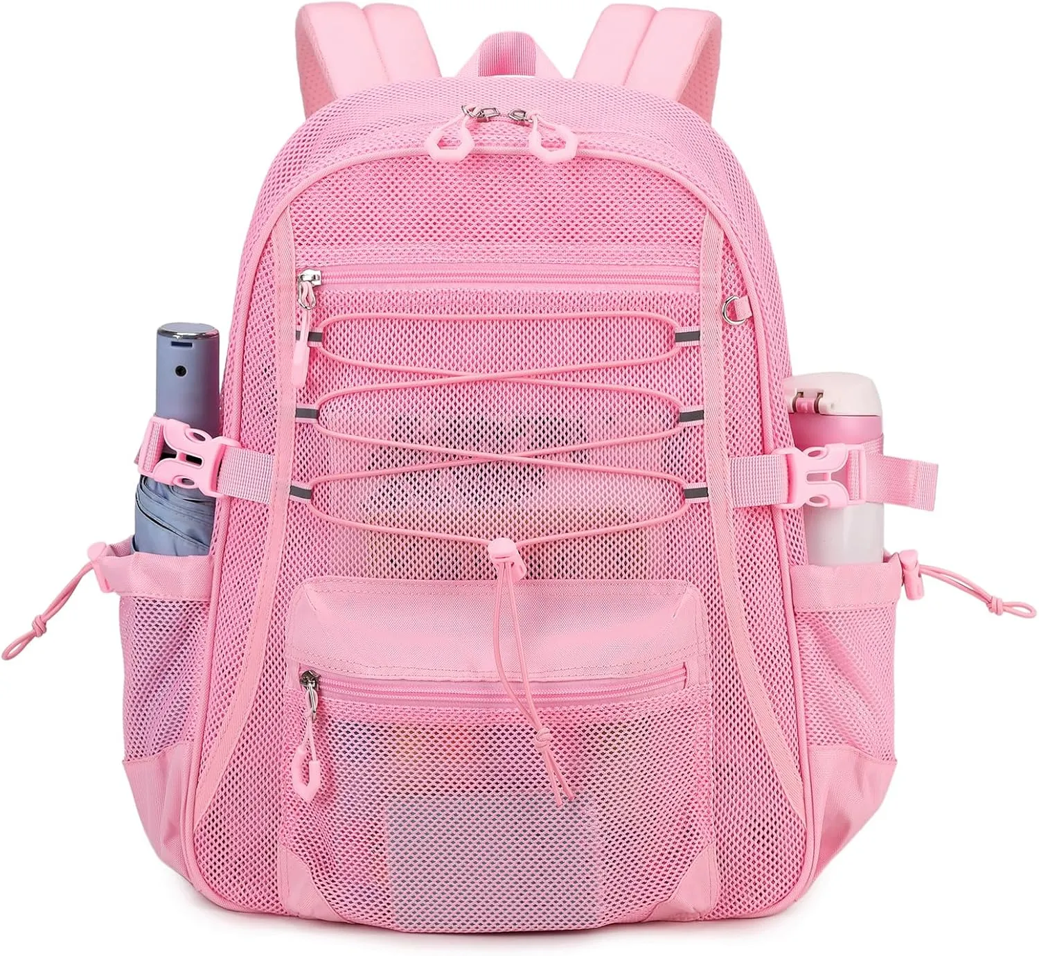 Mesh Backpack Breathable Sand Leakage Design, Lightweight See Through School Bookbag with Elastic Cord & Padded Straps, Swim Gym Essential Pink