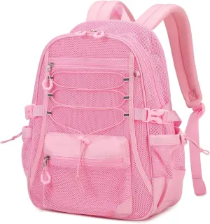 Mesh Backpack Breathable Sand Leakage Design, Lightweight See Through School Bookbag with Elastic Cord & Padded Straps, Swim Gym Essential Pink