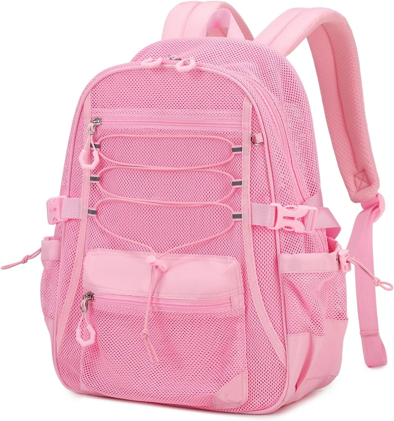 Mesh Backpack Breathable Sand Leakage Design, Lightweight See Through School Bookbag with Elastic Cord & Padded Straps, Swim Gym Essential Pink