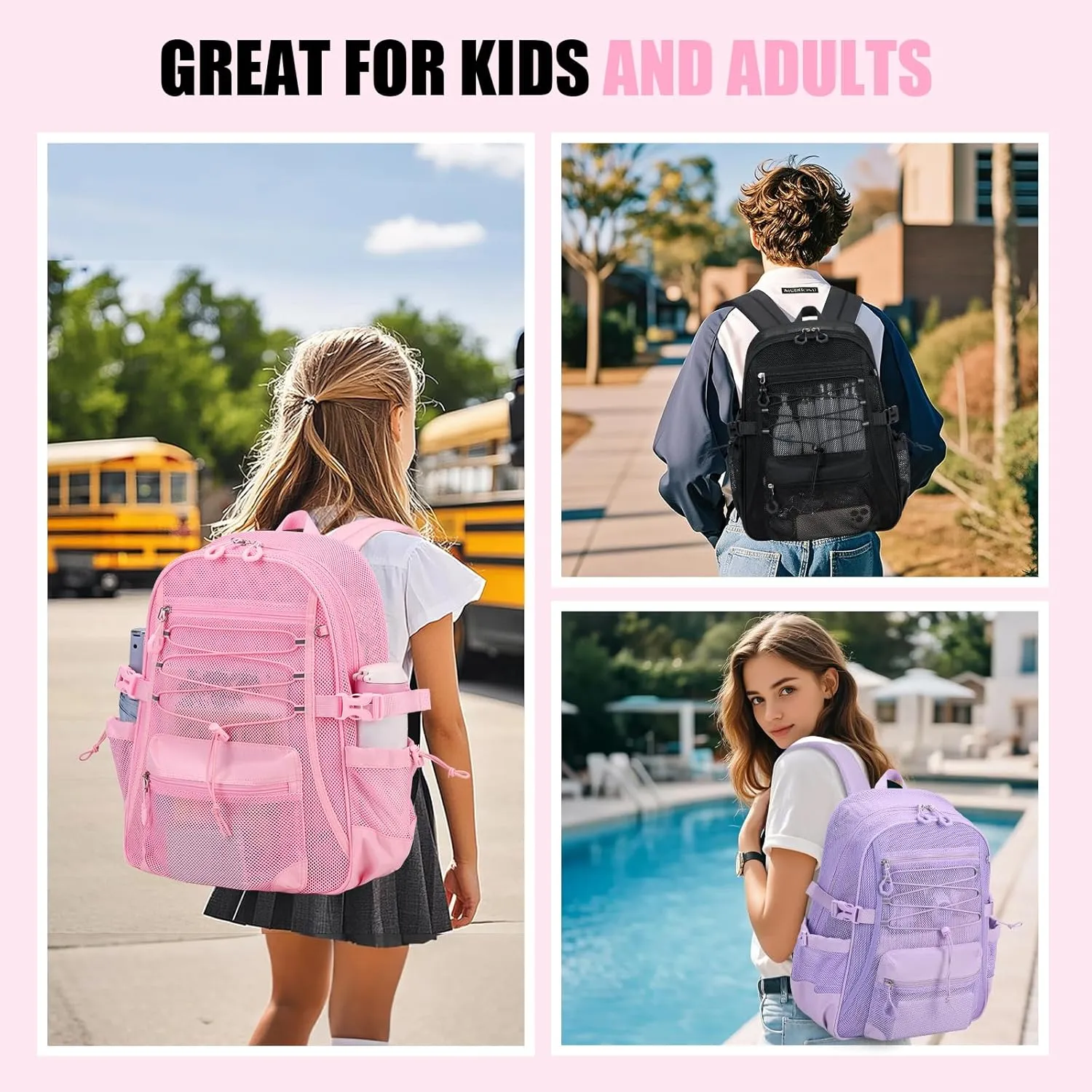 Mesh Backpack Breathable Sand Leakage Design, Lightweight See Through School Bookbag with Elastic Cord & Padded Straps, Swim Gym Essential Pink