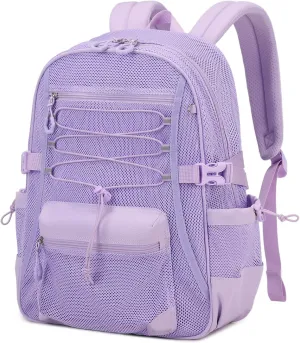Mesh Backpack Breathable Sand Leakage Design, Lightweight See Through School Bookbag with Elastic Cord & Padded Straps, Swim Gym Essential Purple
