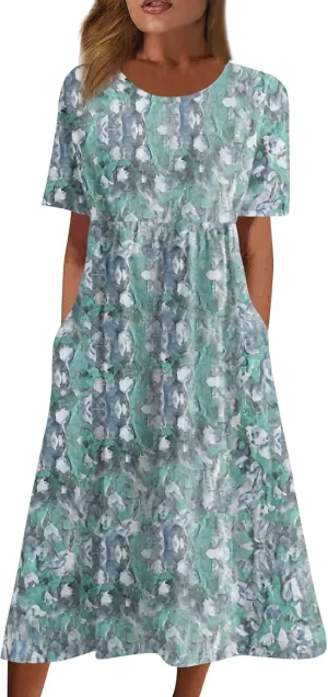 Midi Dresses for Women,Casual Plus Size Elegant Vintage Floral Smocked Flowy Dress Trendy Short Sleeve Summer Dress
