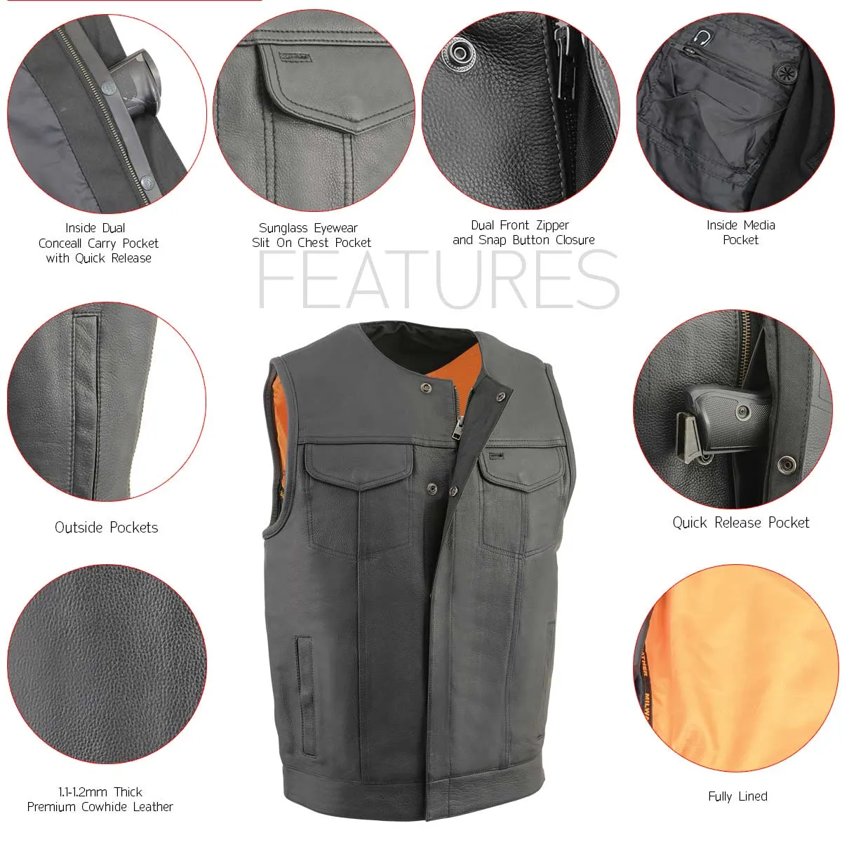 Milwaukee Leather MLM3515 Men's Black Cool-Tec Naked Leather Vest - Club Style Collarless Motorcycle Rider Vest