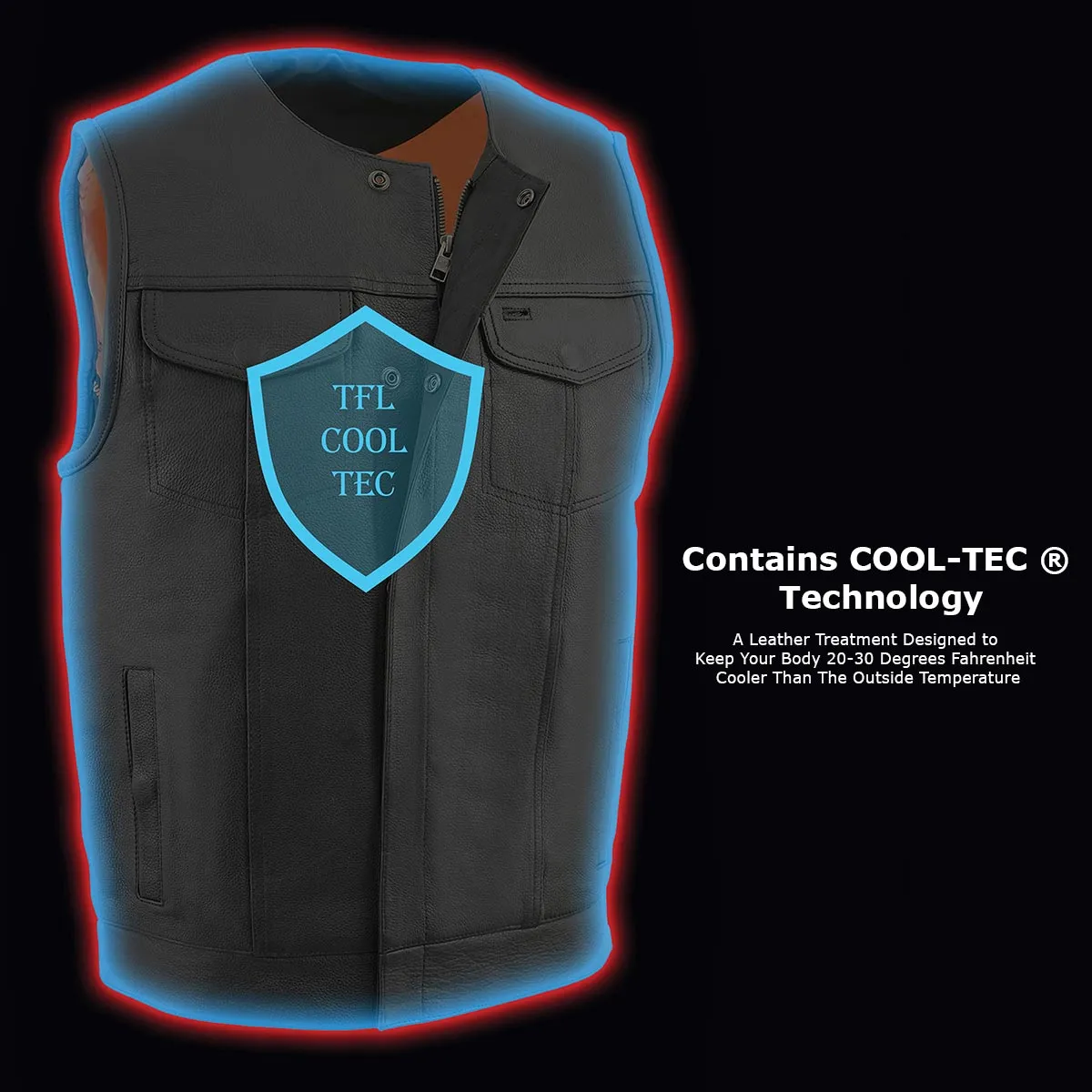 Milwaukee Leather MLM3515 Men's Black Cool-Tec Naked Leather Vest - Club Style Collarless Motorcycle Rider Vest