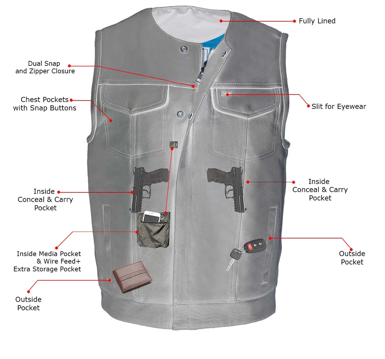 Milwaukee Leather MLM3515 Men's Black Cool-Tec Naked Leather Vest - Club Style Collarless Motorcycle Rider Vest
