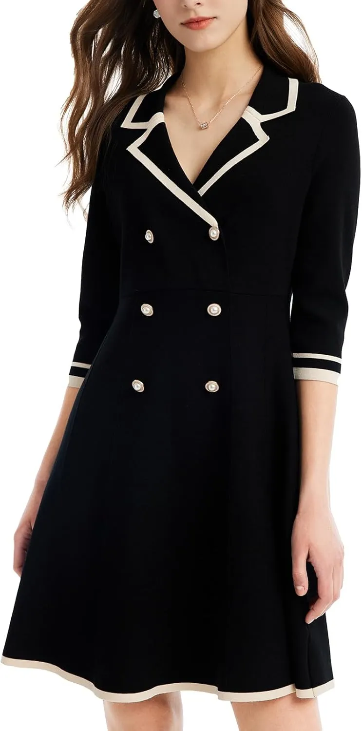 Mini Sweater Dress for Women, Button up 3/4 Sleeve Knit Dresses for Teacher Work Business
