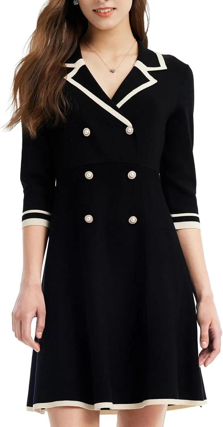 Mini Sweater Dress for Women, Button up 3/4 Sleeve Knit Dresses for Teacher Work Business