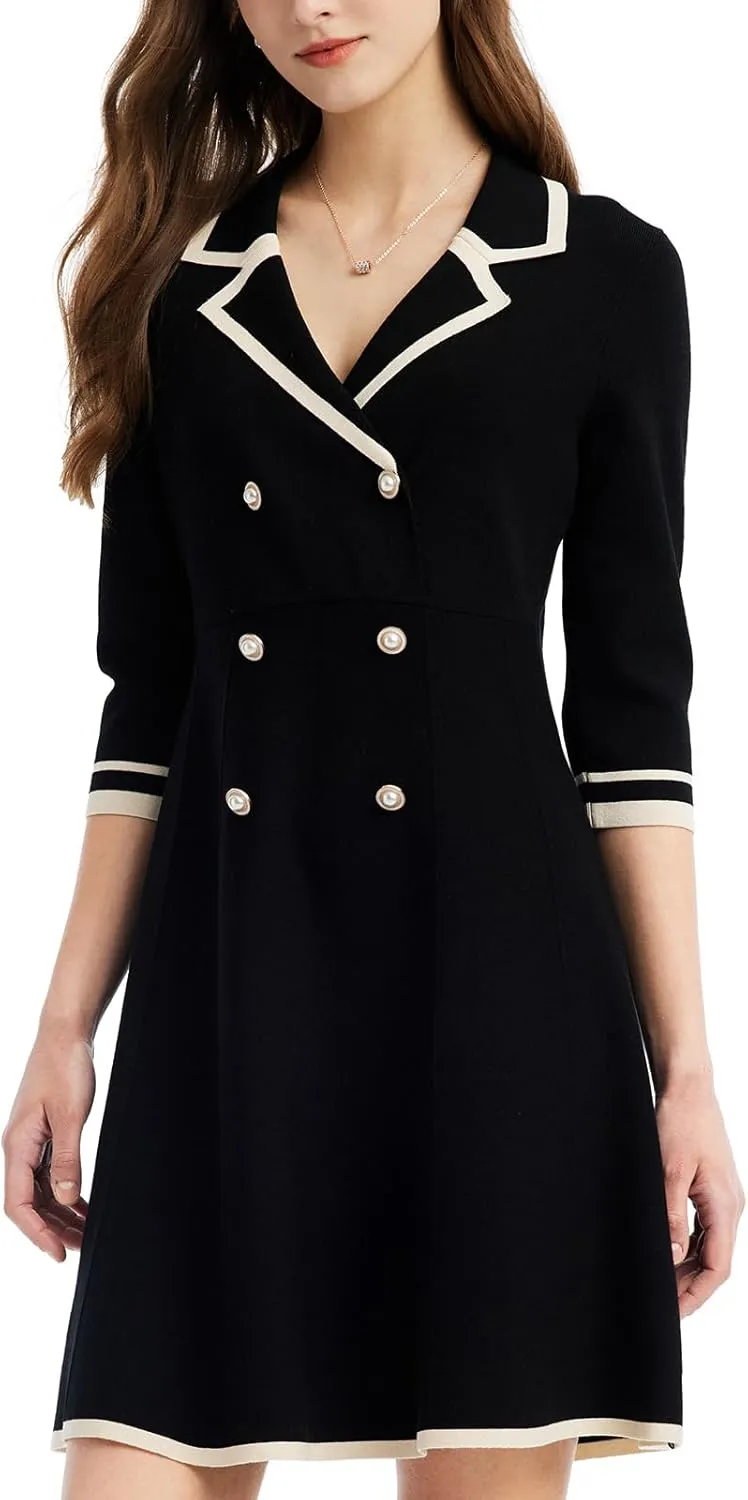 Mini Sweater Dress for Women, Button up 3/4 Sleeve Knit Dresses for Teacher Work Business