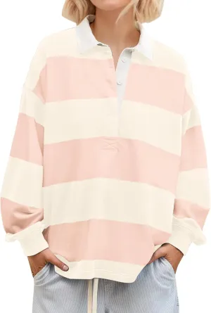 MISSACTIVER Women's Striped Oversized Polo Shirt Button Lapel Collared Polo Sweatshirt Long Sleeve Drop Shoulder Pullover Top