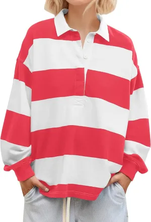 MISSACTIVER Women's Striped Oversized Polo Shirt Button Lapel Collared Polo Sweatshirt Long Sleeve Drop Shoulder Pullover Top
