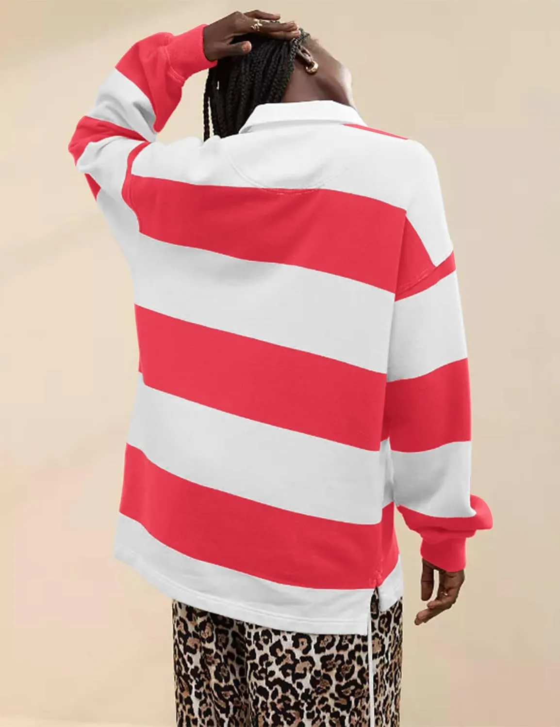 MISSACTIVER Women's Striped Oversized Polo Shirt Button Lapel Collared Polo Sweatshirt Long Sleeve Drop Shoulder Pullover Top