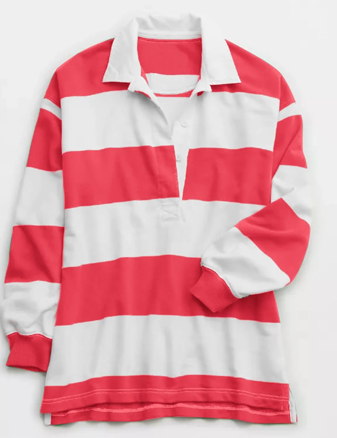 MISSACTIVER Women's Striped Oversized Polo Shirt Button Lapel Collared Polo Sweatshirt Long Sleeve Drop Shoulder Pullover Top