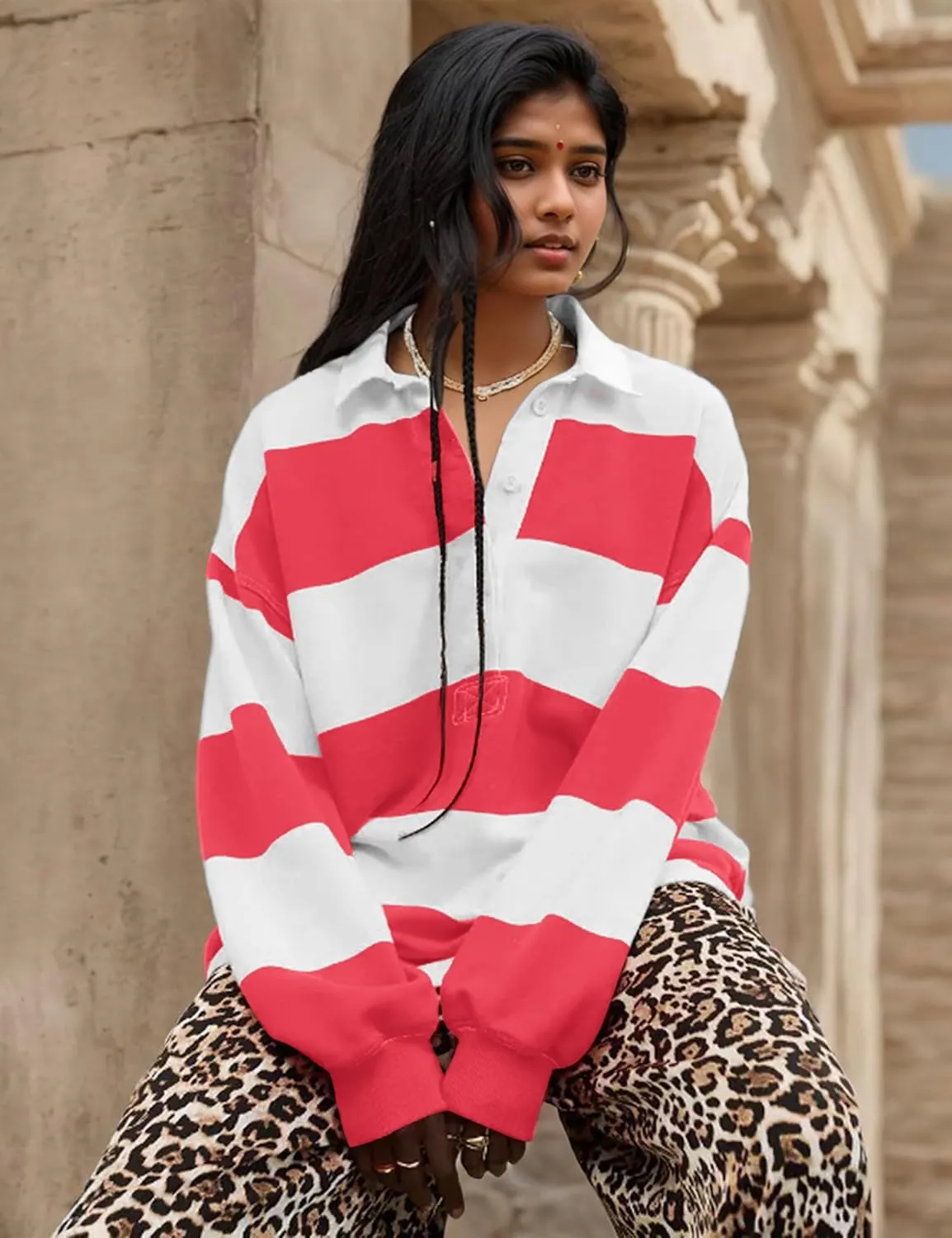 MISSACTIVER Women's Striped Oversized Polo Shirt Button Lapel Collared Polo Sweatshirt Long Sleeve Drop Shoulder Pullover Top