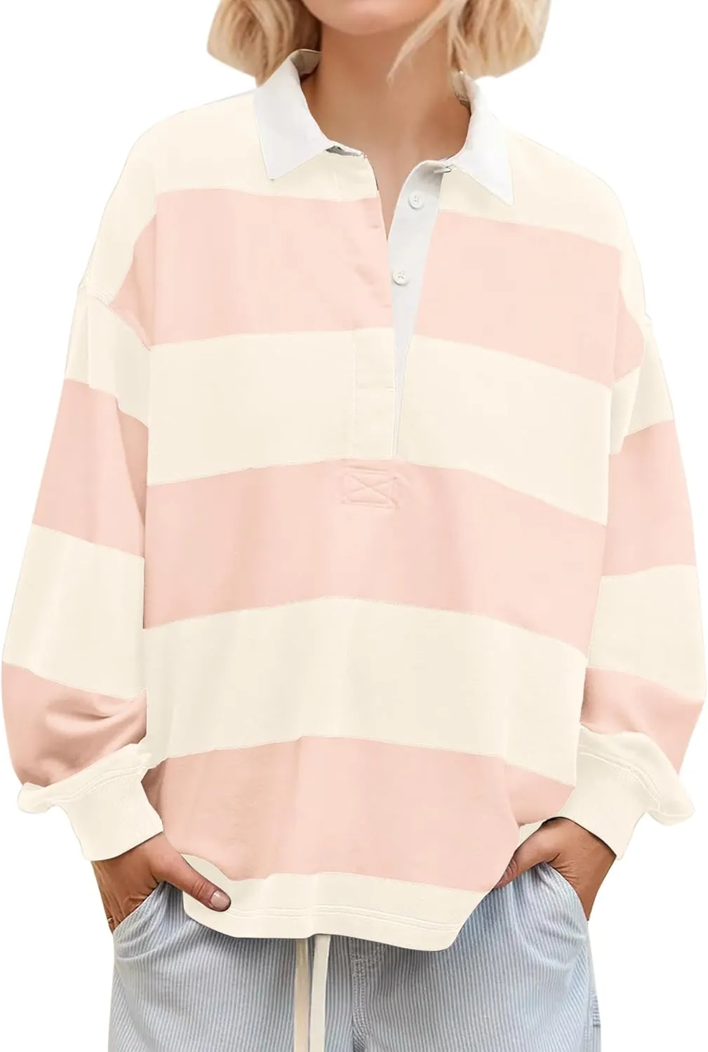 MISSACTIVER Women's Striped Oversized Polo Shirt Button Lapel Collared Polo Sweatshirt Long Sleeve Drop Shoulder Pullover Top