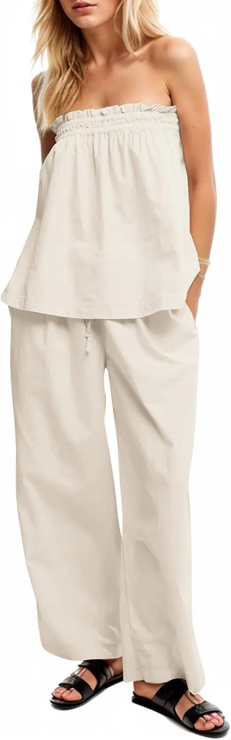 MISSACTIVER Women's Two Piece Outfit Strapless Tube Top and Beach Wide Leg Pants Set 2 Piece Lounge Set with Side Pockets