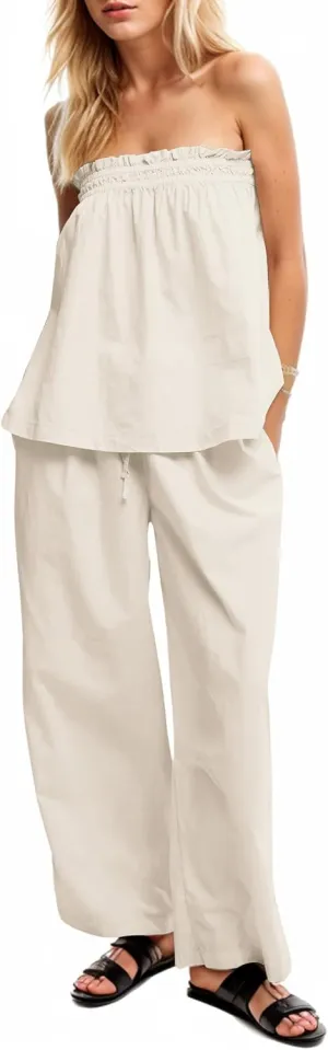 MISSACTIVER Women's Two Piece Outfit Strapless Tube Top and Beach Wide Leg Pants Set 2 Piece Lounge Set with Side Pockets