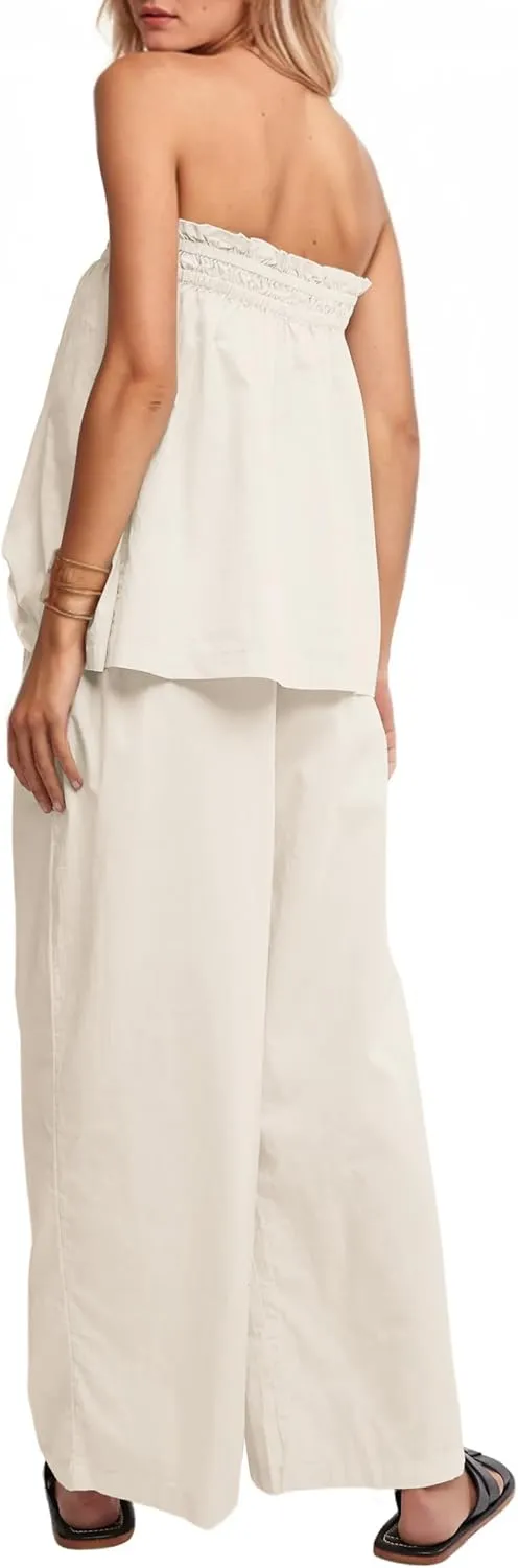 MISSACTIVER Women's Two Piece Outfit Strapless Tube Top and Beach Wide Leg Pants Set 2 Piece Lounge Set with Side Pockets