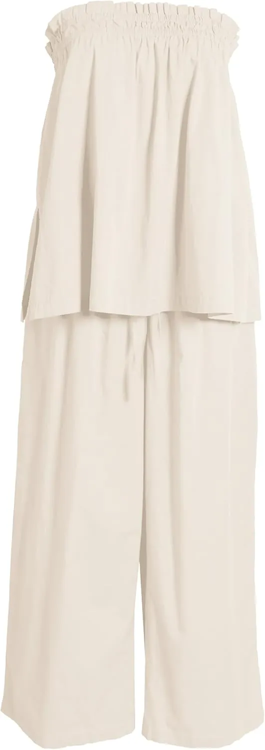 MISSACTIVER Women's Two Piece Outfit Strapless Tube Top and Beach Wide Leg Pants Set 2 Piece Lounge Set with Side Pockets