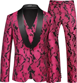 MOGU Mens 3 Piece Floral Suit Jacquard Dress Tuxedo Suit Set for Wedding Prom Jacket Size 30 Pants Size 29 Pink