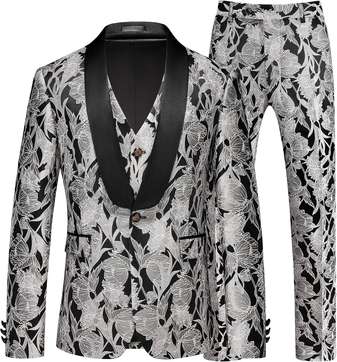 MOGU Mens 3 Piece Floral Suit Jacquard Dress Tuxedo Suit Set for Wedding Prom Jacket Vest Pants with Bow Tie