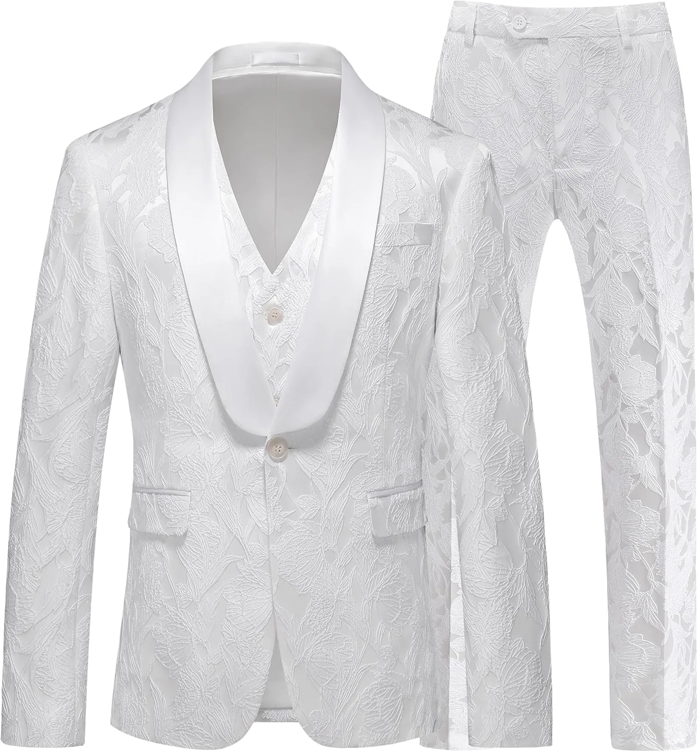 MOGU Mens 3 Piece Floral Suit Jacquard Dress Tuxedo Suit Set for Wedding Prom Jacket Vest Pants with Bow Tie