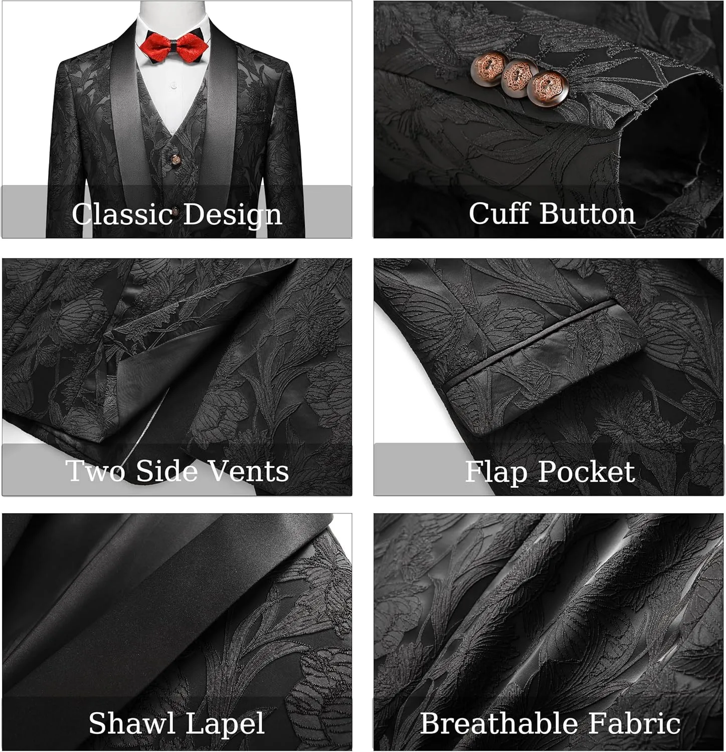 MOGU Mens 3 Piece Floral Suit Jacquard Dress Tuxedo Suit Set for Wedding Prom Jacket Vest Pants with Bow Tie