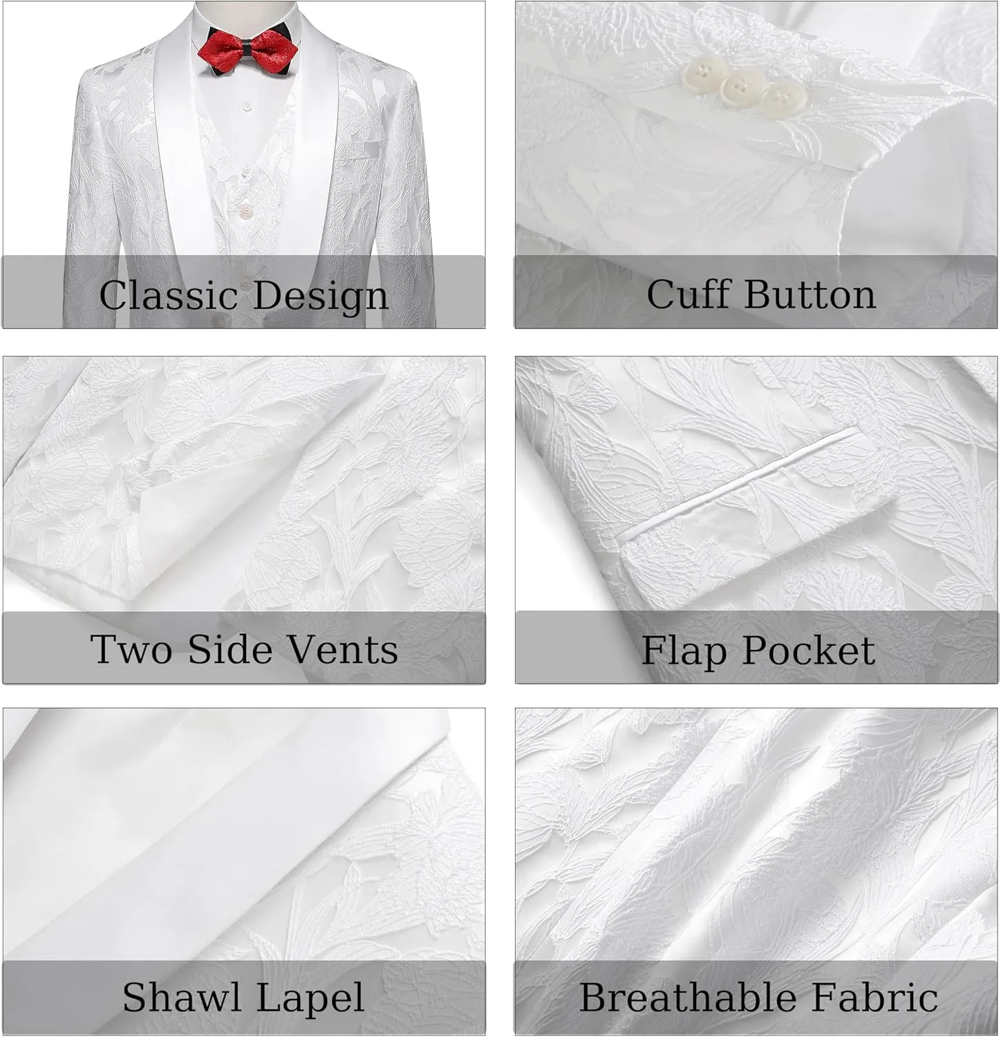MOGU Mens 3 Piece Floral Suit Jacquard Dress Tuxedo Suit Set for Wedding Prom Jacket Vest Pants with Bow Tie