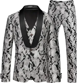 MOGU Mens 3 Piece Floral Suit Jacquard Dress Tuxedo Suit Set for Wedding Prom Jacket Vest Pants with Bow Tie