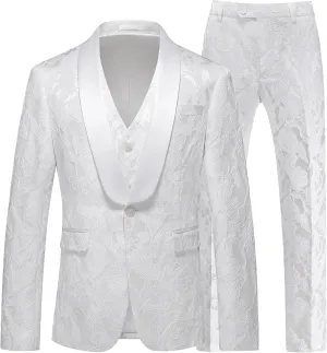 MOGU Mens 3 Piece Floral Suit Jacquard Dress Tuxedo Suit Set for Wedding Prom Jacket Vest Pants with Bow Tie
