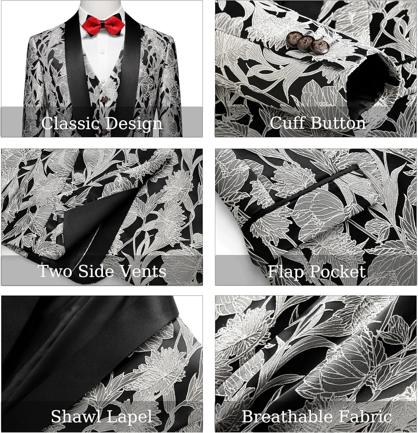 MOGU Mens 3 Piece Floral Suit Jacquard Dress Tuxedo Suit Set for Wedding Prom Jacket Vest Pants with Bow Tie