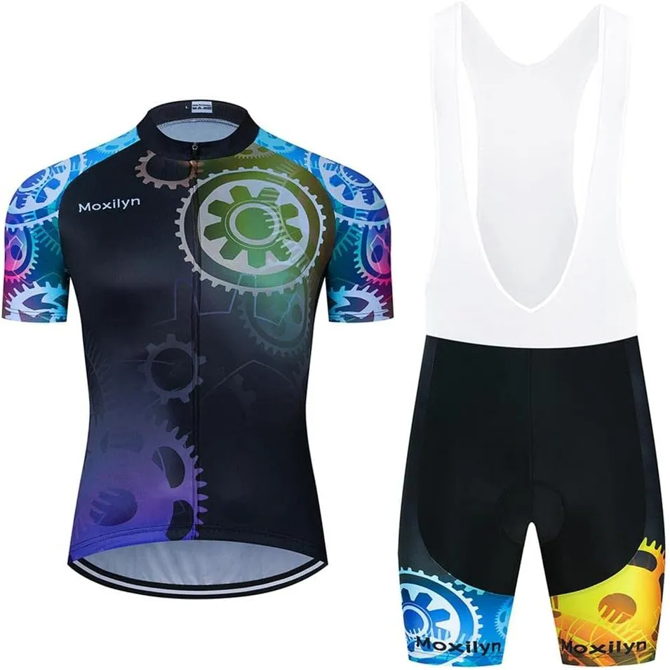 MOXILYN Men's Cycling Jersey Bike Clothing Set Full Zipper Breathable Quick-Dry Shirt   Cycling Bibs with 20D Padded