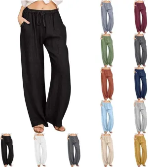 MRGIINRI Womens Cotton Linen Pants 2024 Summer Wide Leg Casual Loose Drawstring High Waist Palazzo Pants Trousers with Pocket