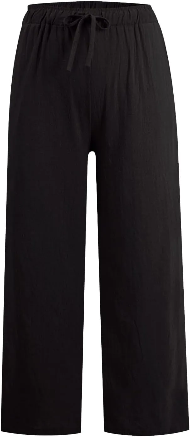 MRGIINRI Womens Cotton Linen Pants 2024 Summer Wide Leg Casual Loose Drawstring High Waist Palazzo Pants Trousers with Pocket